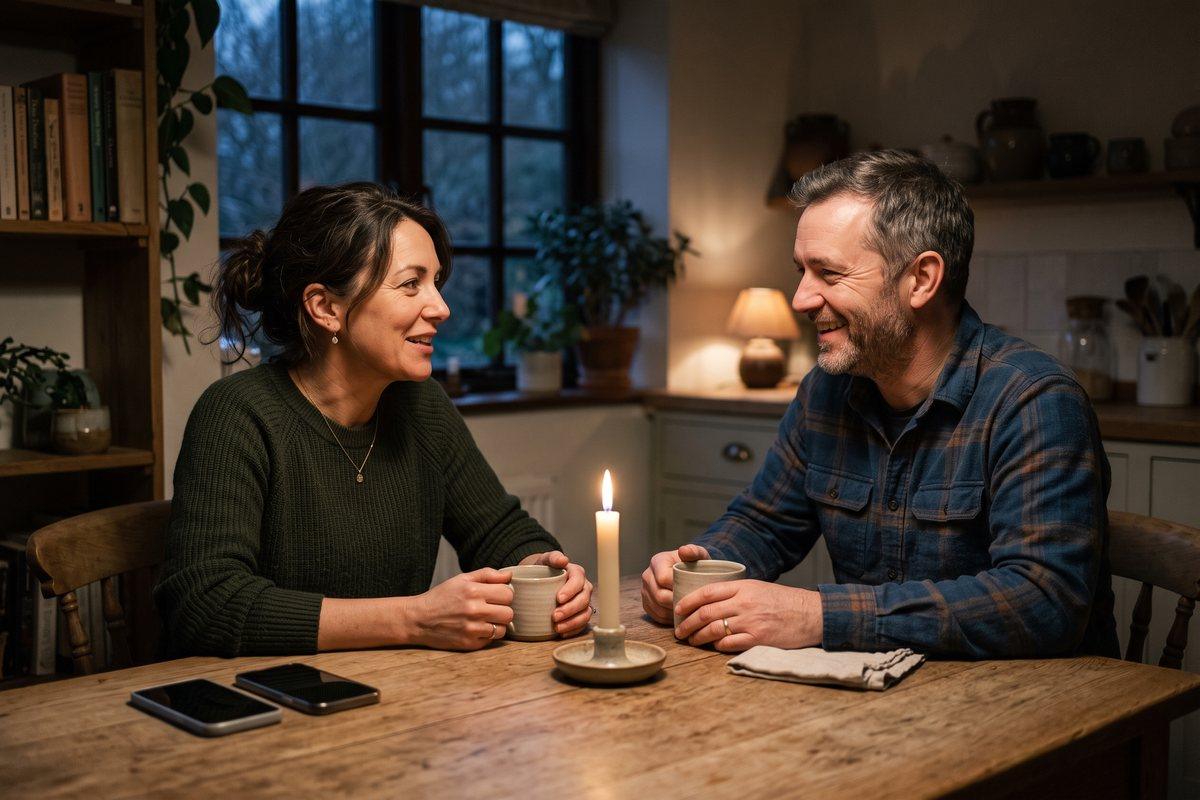 Paar Mitte 40 am Küchentisch am Abend, eine Kerze brennt, zwei Handys liegen umgedreht am Tischrand
